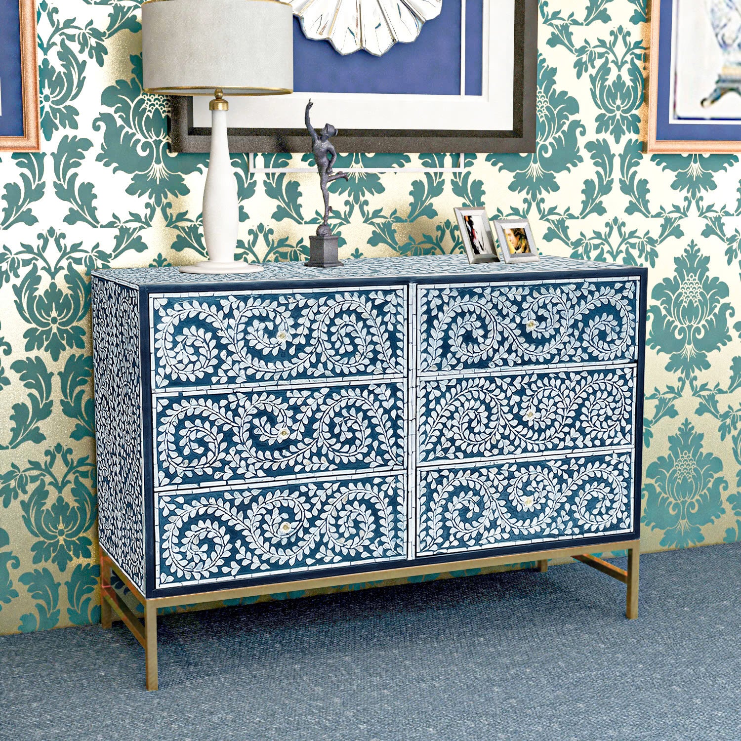 Mother of Pearl Inlay Chest – Botanical Blue Detail - decorstore
