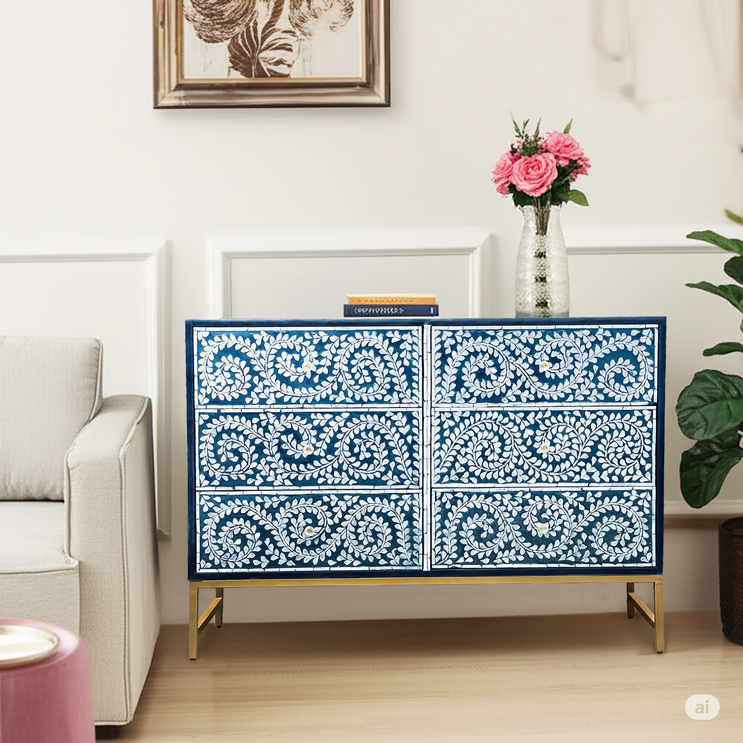 Mother of Pearl Inlay Chest – Botanical Blue Detail - decorstore