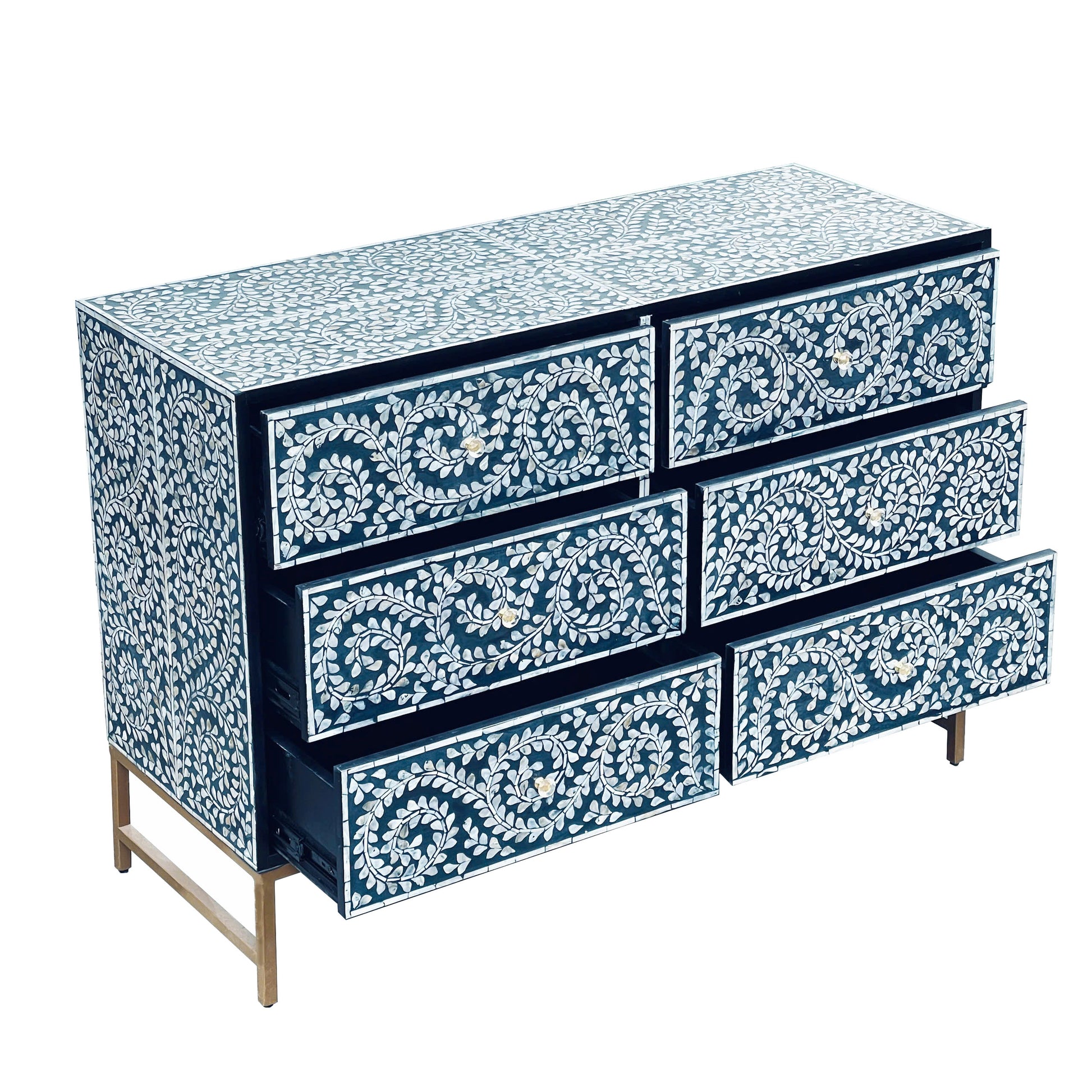 Mother of Pearl Inlay Chest – Botanical Blue Detail - decorstore