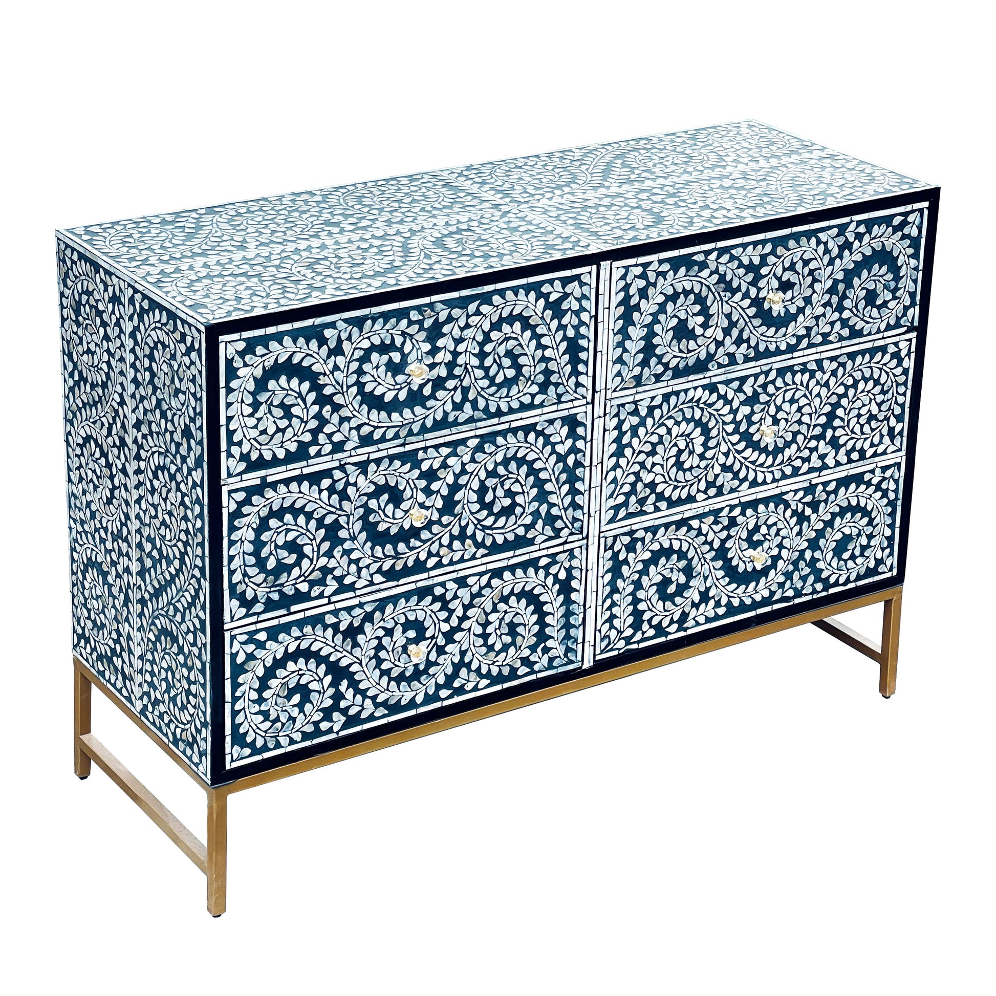 Mother of Pearl Inlay Chest – Botanical Blue Detail - decorstore