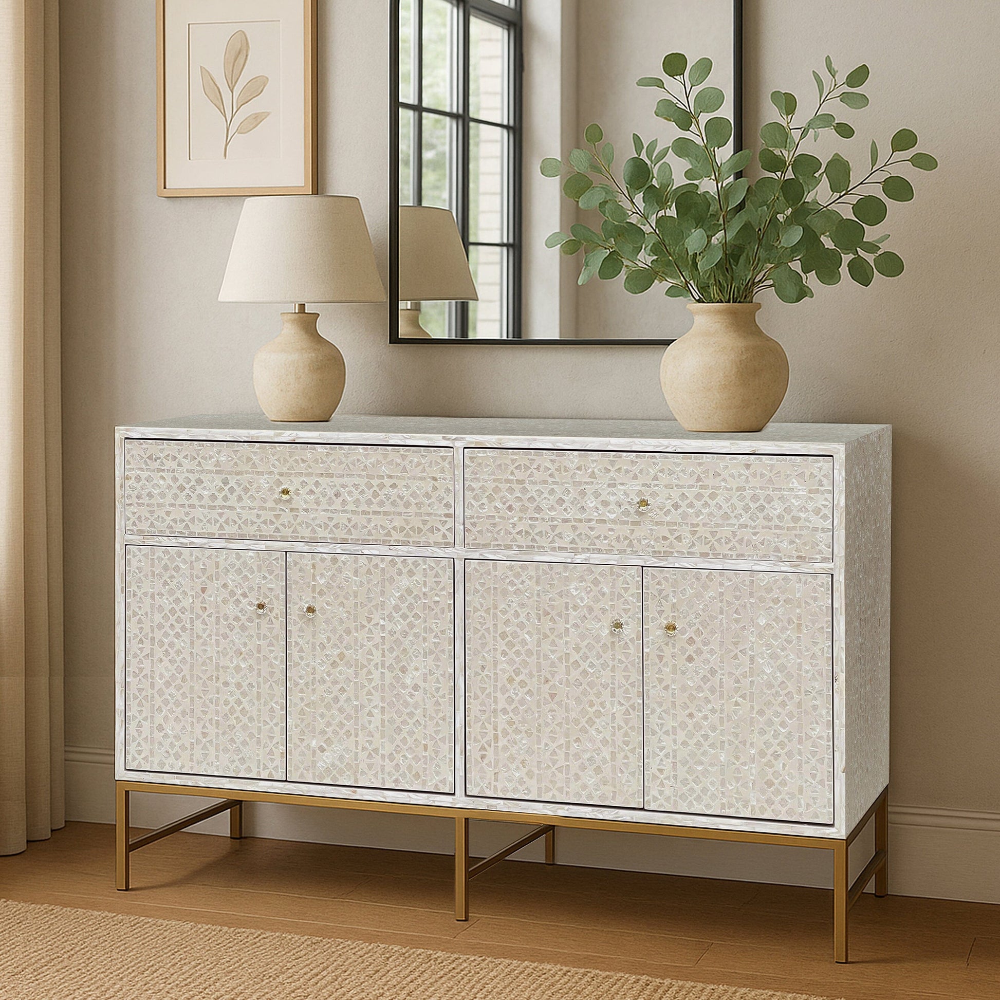 Mother of Pearl Console Cabinet – Light Wash Finish - decorstore