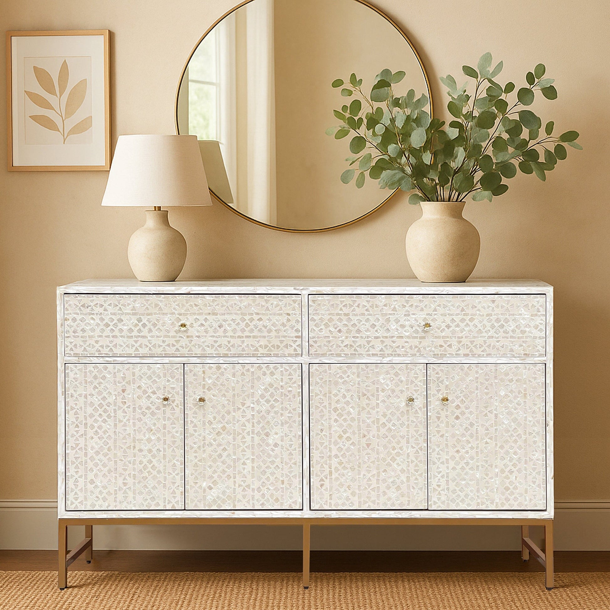 Mother of Pearl Console Cabinet – Light Wash Finish - decorstore