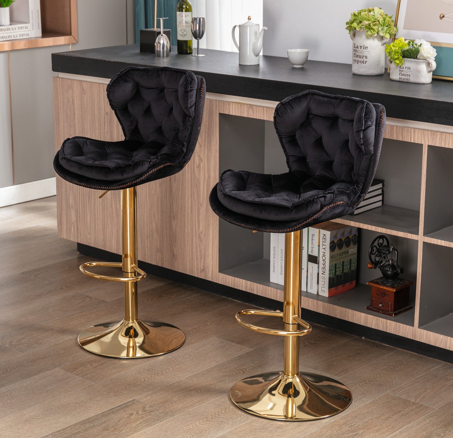 Plush Velet Black & Gold Stool - decorstore