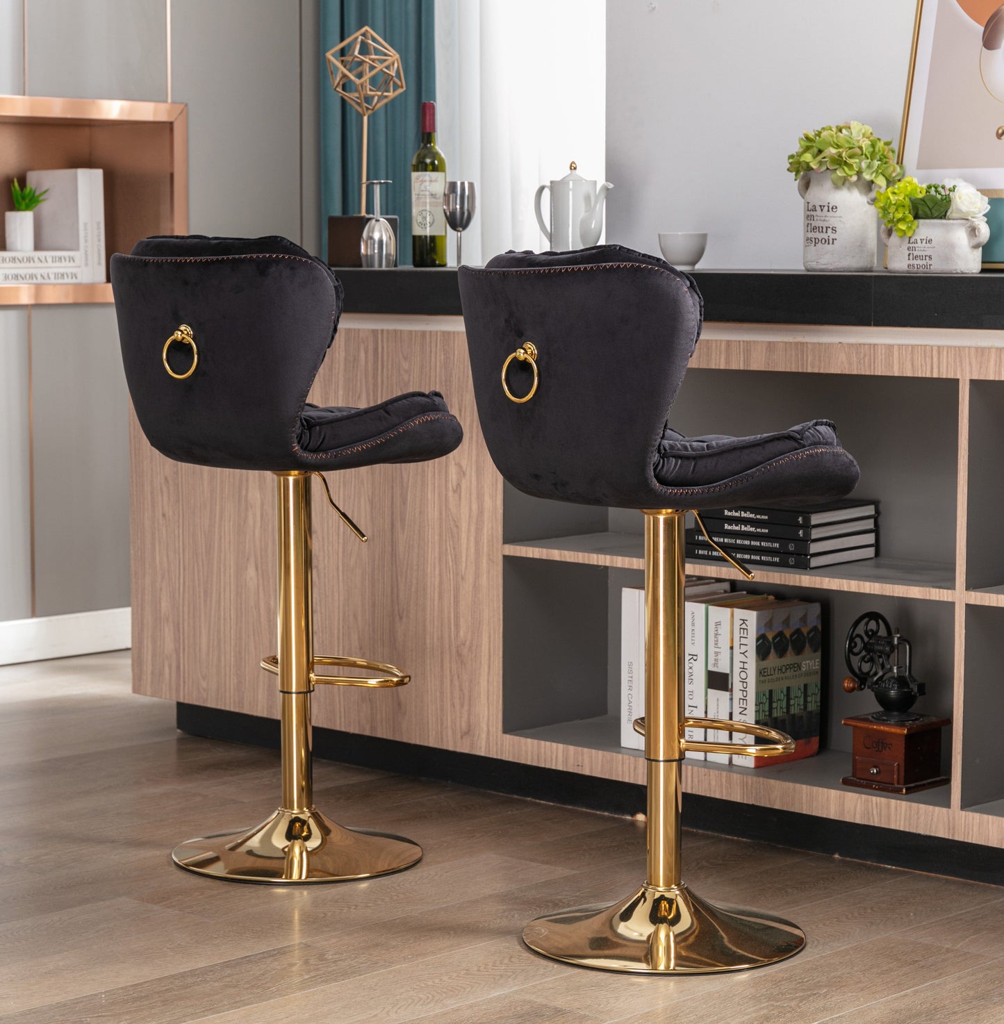 Plush Velet Black & Gold Stool - decorstore