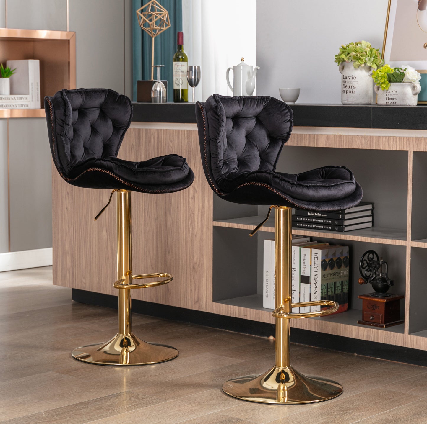 Plush Velet Black & Gold Stool - decorstore