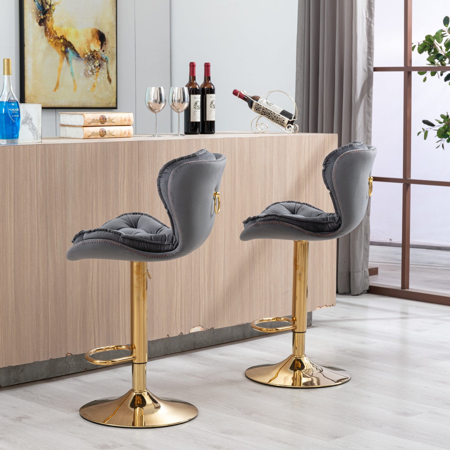 Dohety Velvet Grey and Gold Bar Stool - decorstore