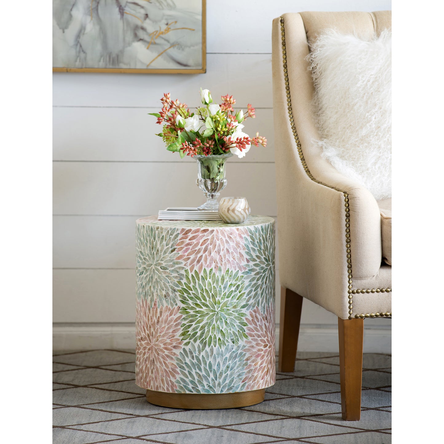 Mother of Pearl Floral inlay side table/Stool - decorstore