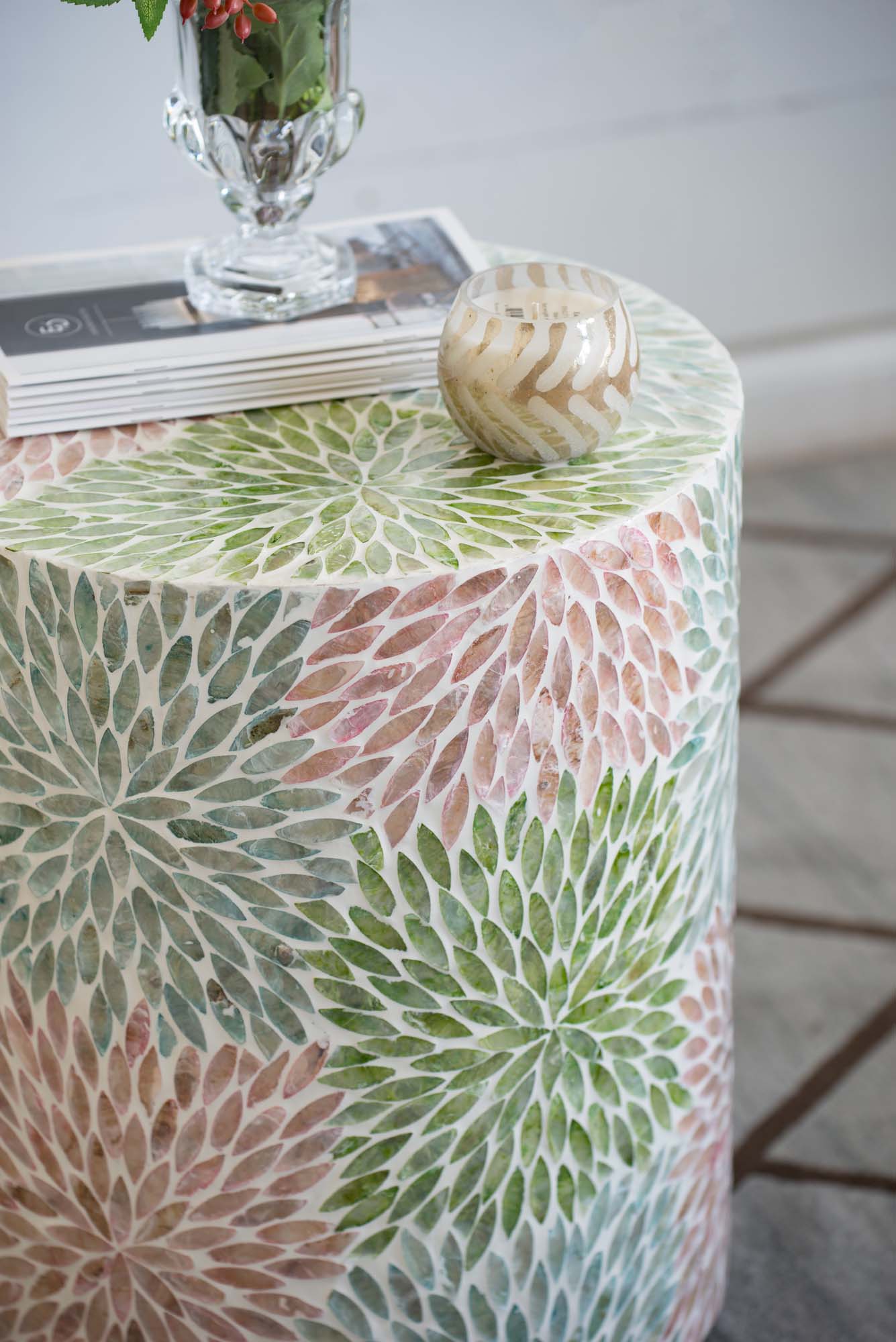 Mother of Pearl Floral inlay side table/Stool - decorstore