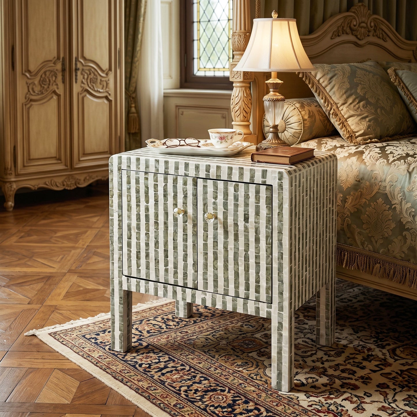 Curved Hand Inlay Mother Of Pearl Bedside Table