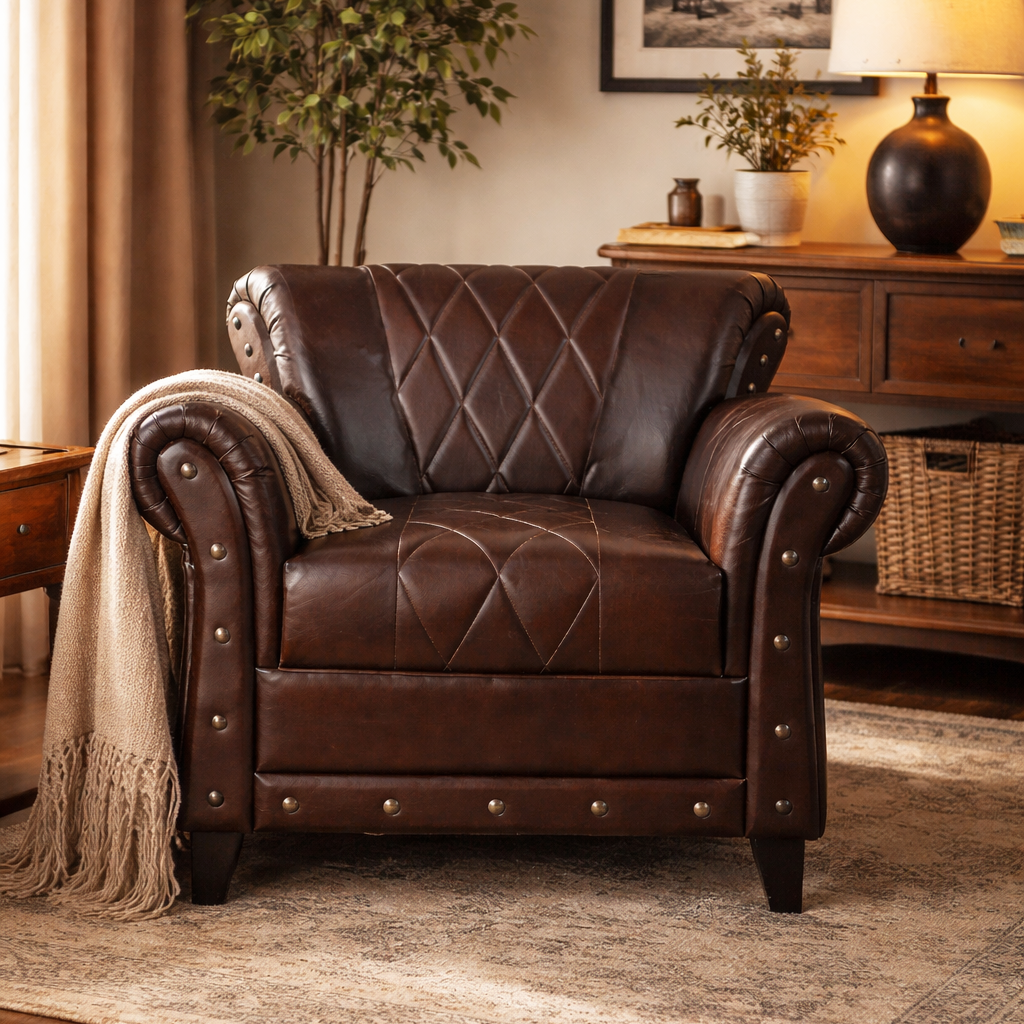 Criss Cross Chocolate Leather Arm Chair - decorstore