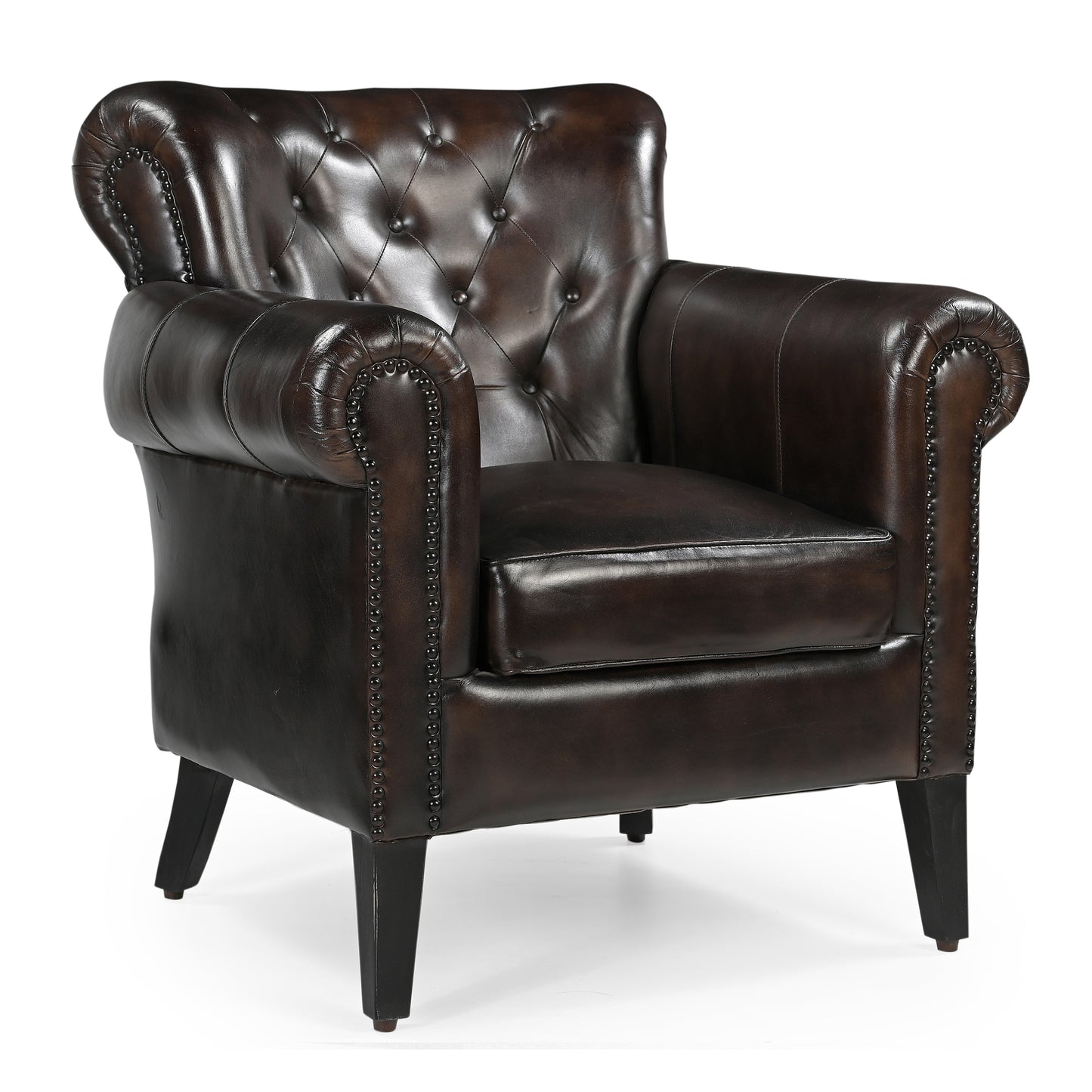 Studded Brown Leather Armchair - decorstore