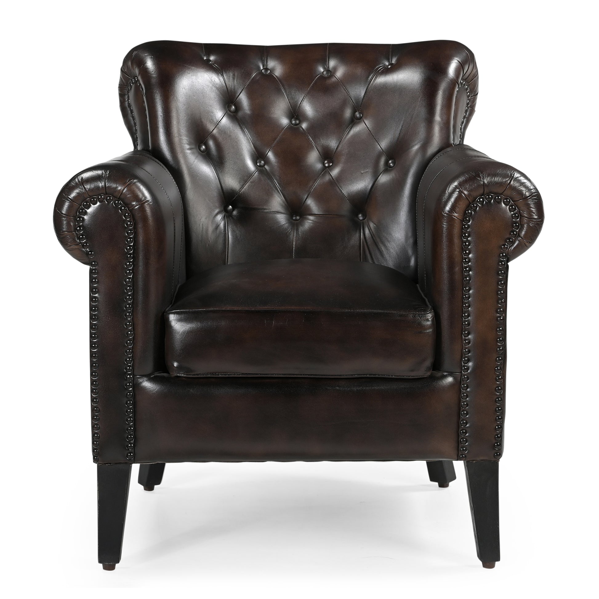 Studded Brown Leather Armchair - decorstore