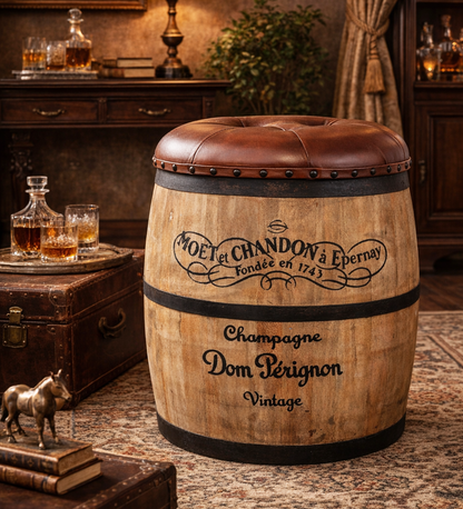 French Vintage Champagne Leather Top Ottoman