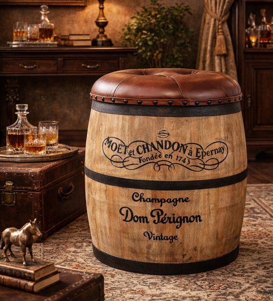 French Vintage Champagne Leather Top Ottoman