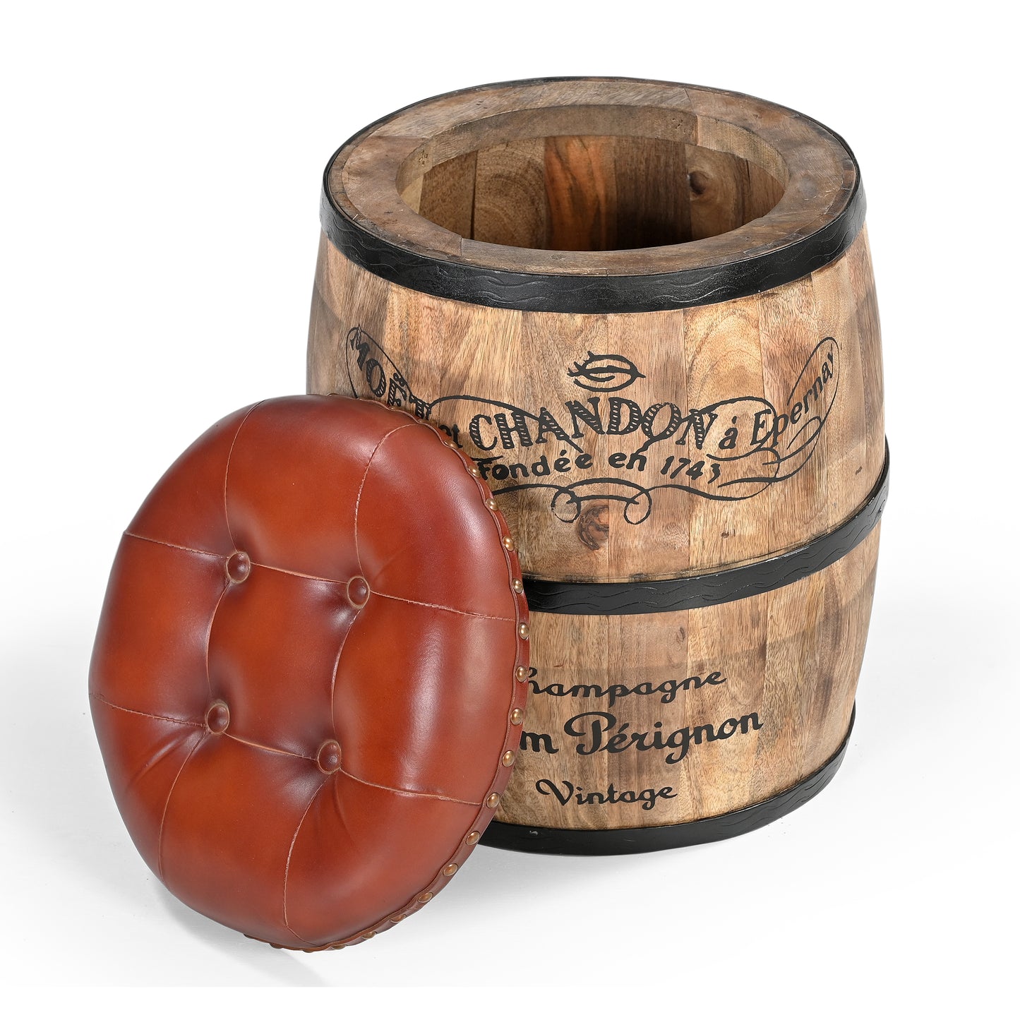 French Vintage Champagne Leather Top Ottoman