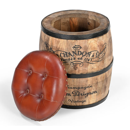 French Vintage Champagne Leather Top Ottoman