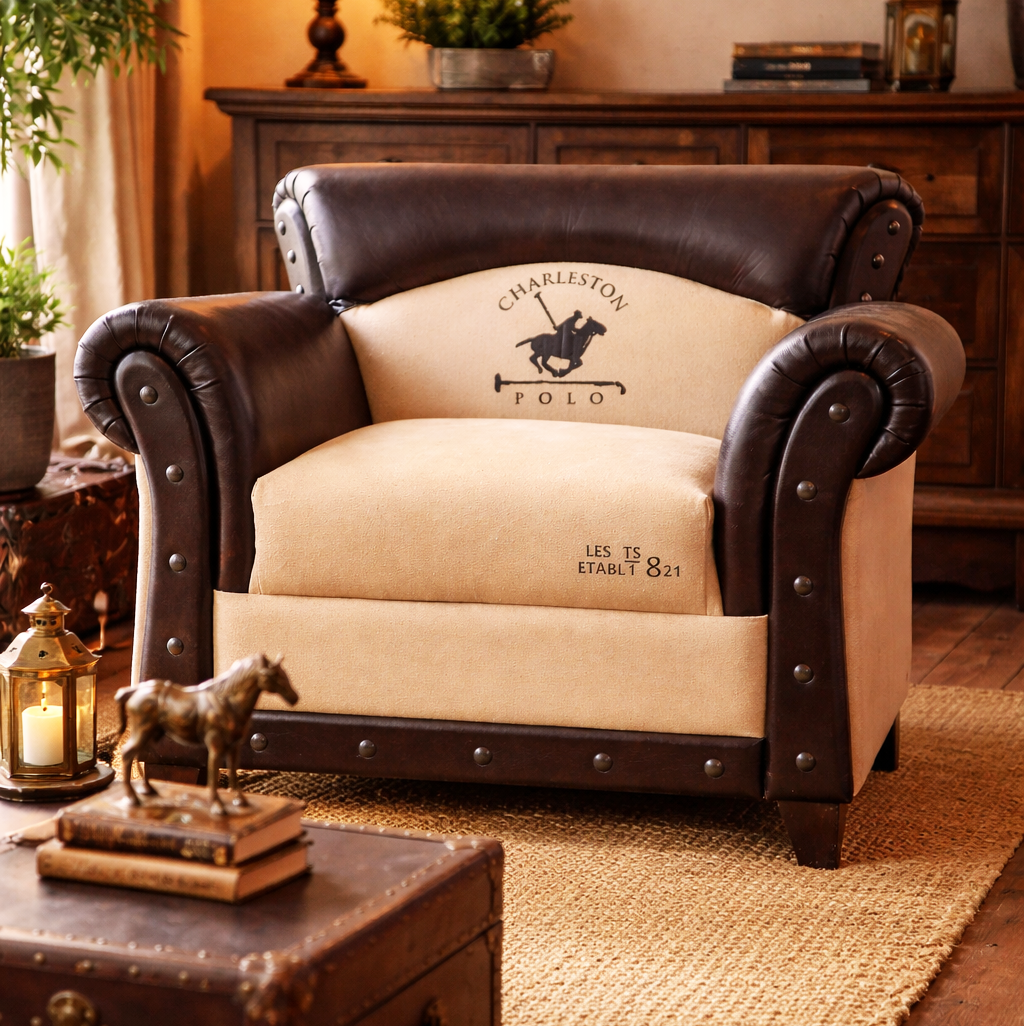 Canvas And Leather Polo Vintage Arm Chair - decorstore