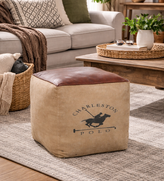 Polo Canvas And Leather Square Ottoman