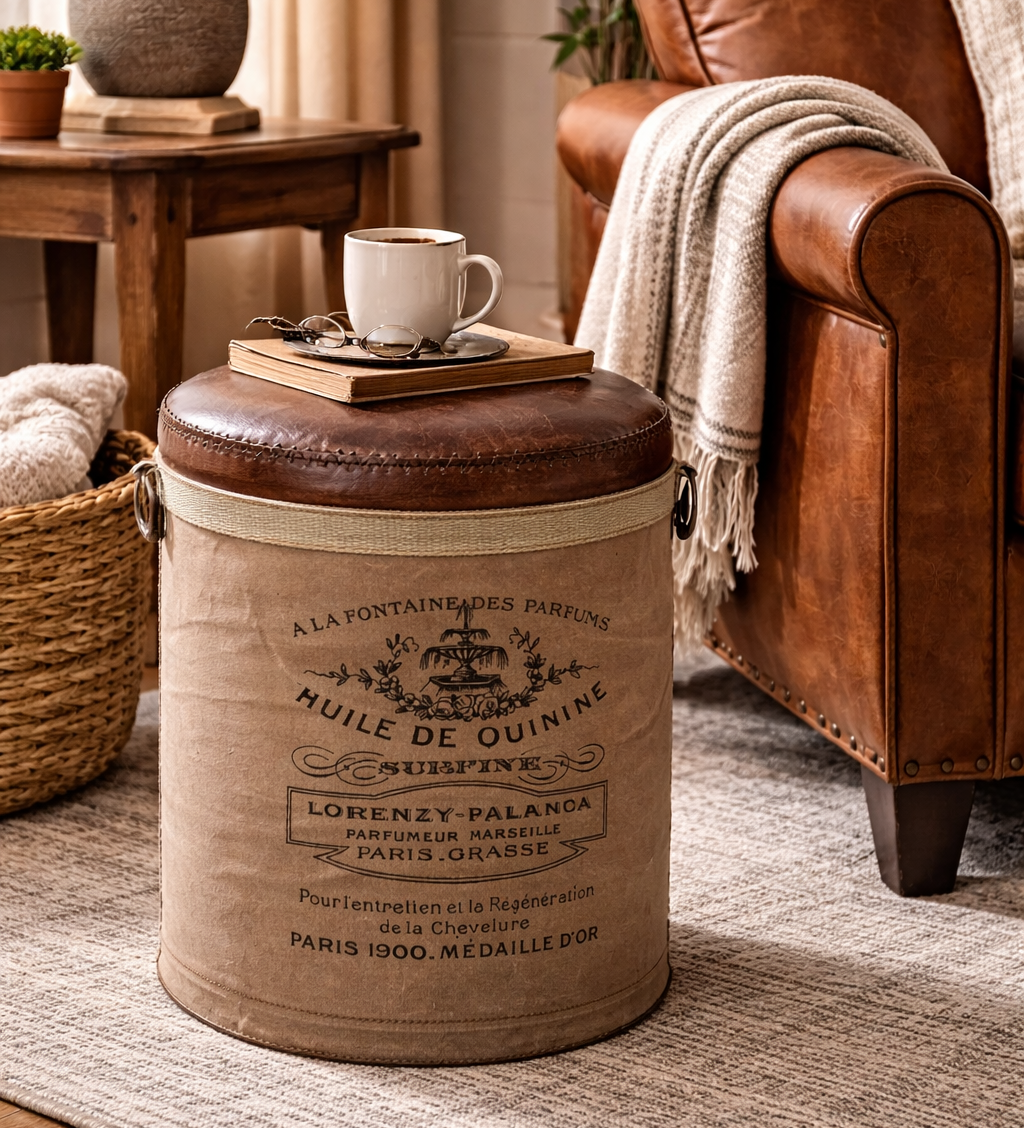 French Canvas Leather Perfume Ottoman - decorstore