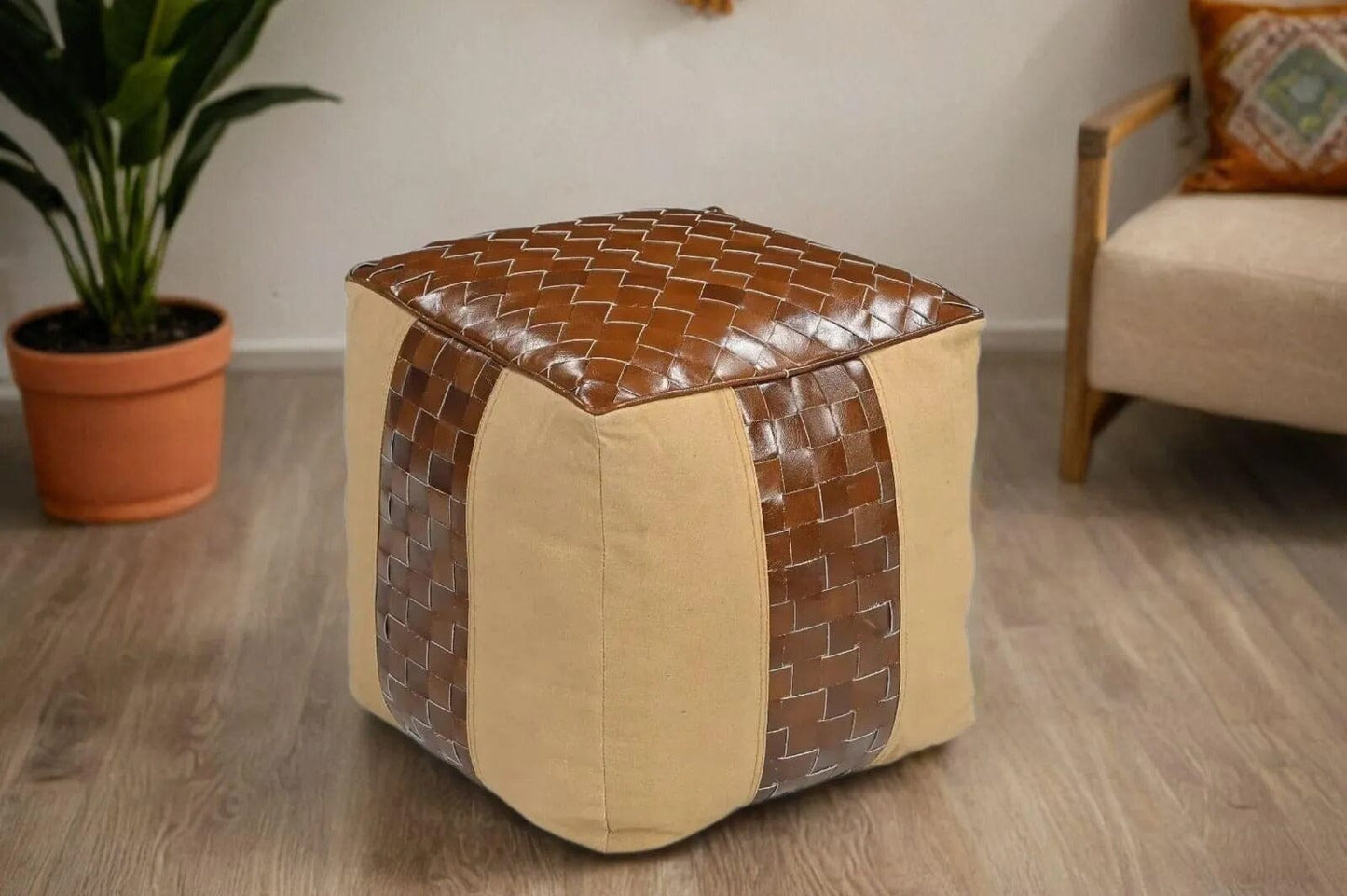 Leather and Canvas Ottoman - decorstore