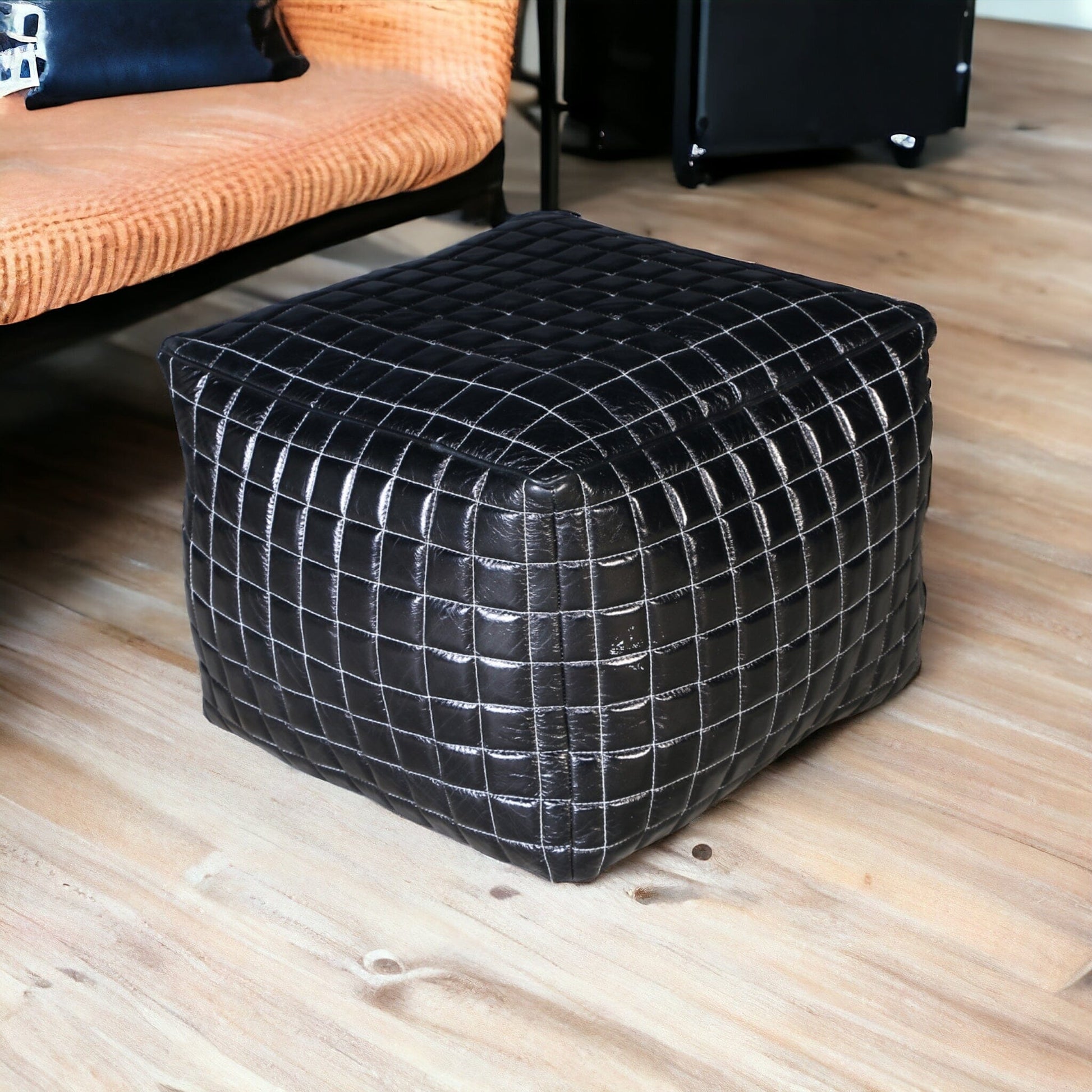 Smooth Black Leather Ottoman - decorstore