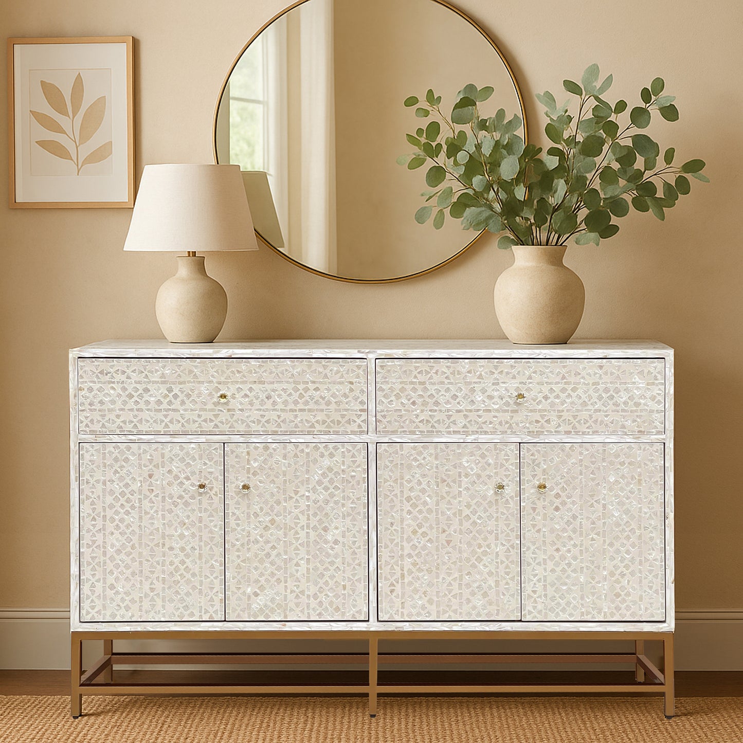 Mother of Pearl Console Cabinet – Light Wash Finish - decorstore