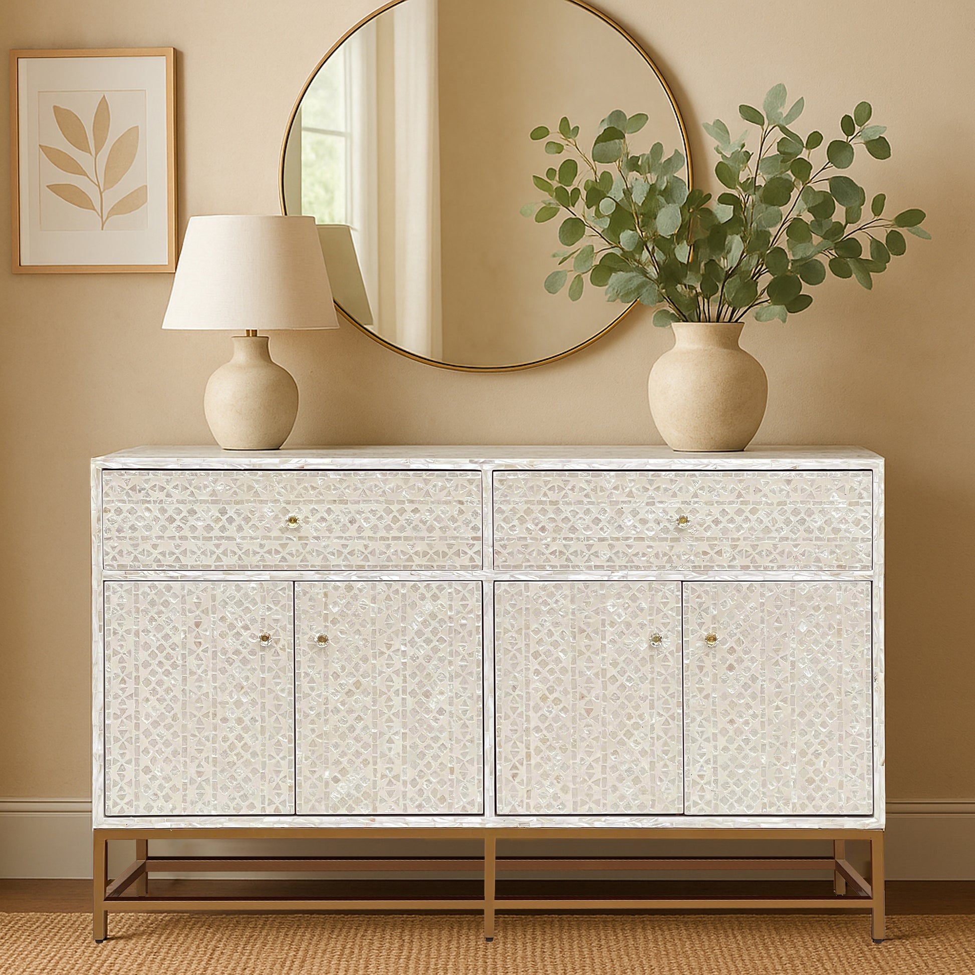Mother of Pearl Console Cabinet – Light Wash Finish - decorstore