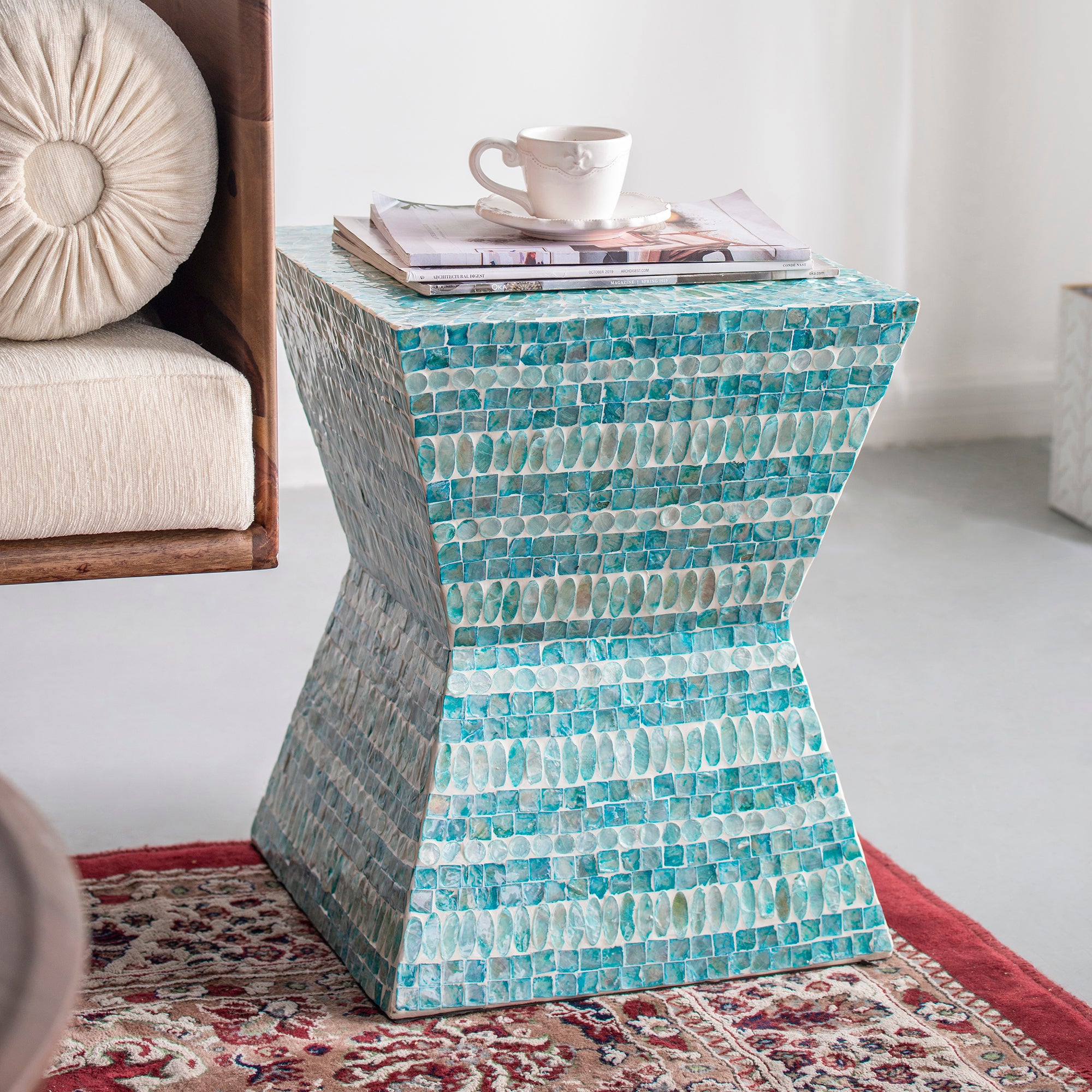 Mother of Pearl Blue Inlay Stool/Side table - decorstore