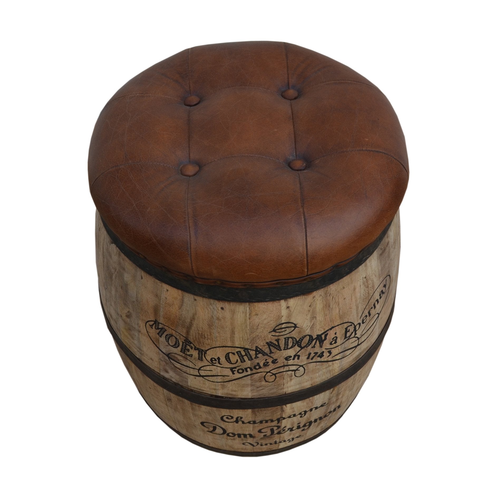 French Vintage Champagne Leather Top Ottoman - decorstore